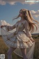 A woman in a white dress standing in a field.