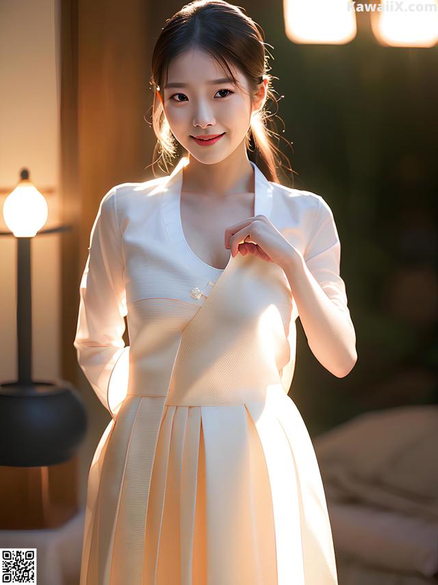 A woman in a white dress standing in front of a lamp.