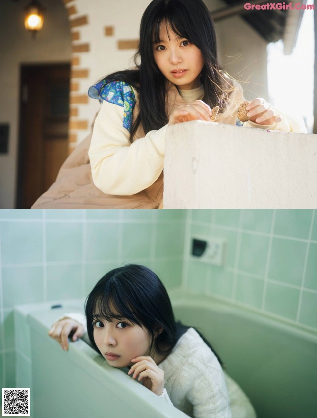 A woman sitting in a bathtub next to a wall.