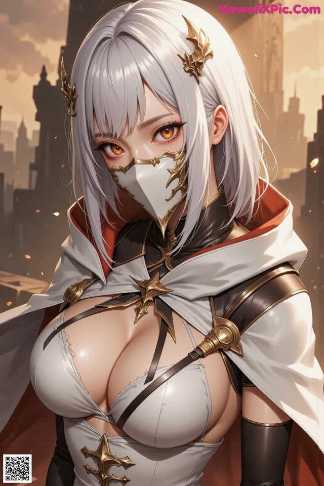 A woman in a white dress with a mask on her face.