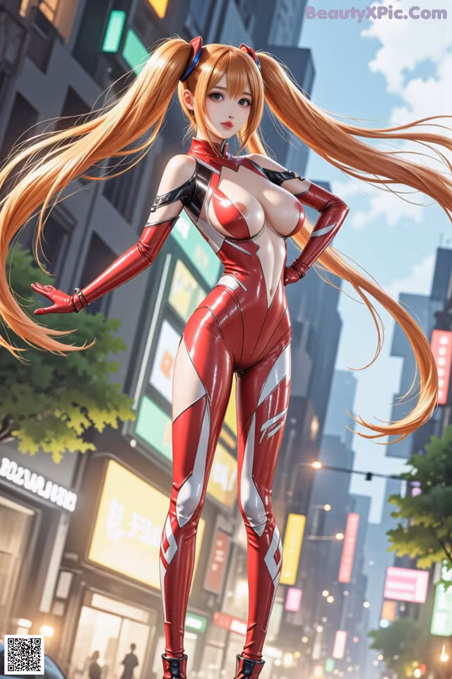 A woman in a red and white outfit standing in the middle of a city.