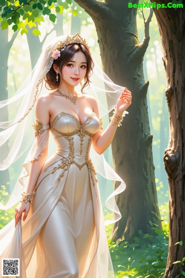 A woman in a wedding dress standing in the woods.