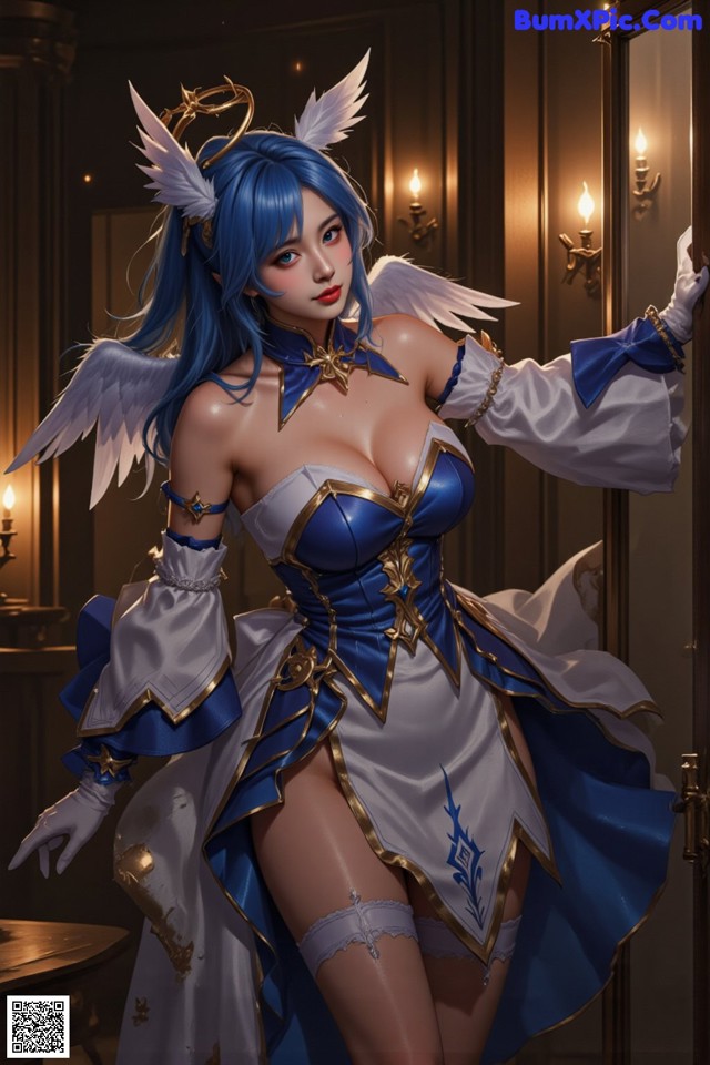A woman dressed in a blue and white outfit with angel wings.