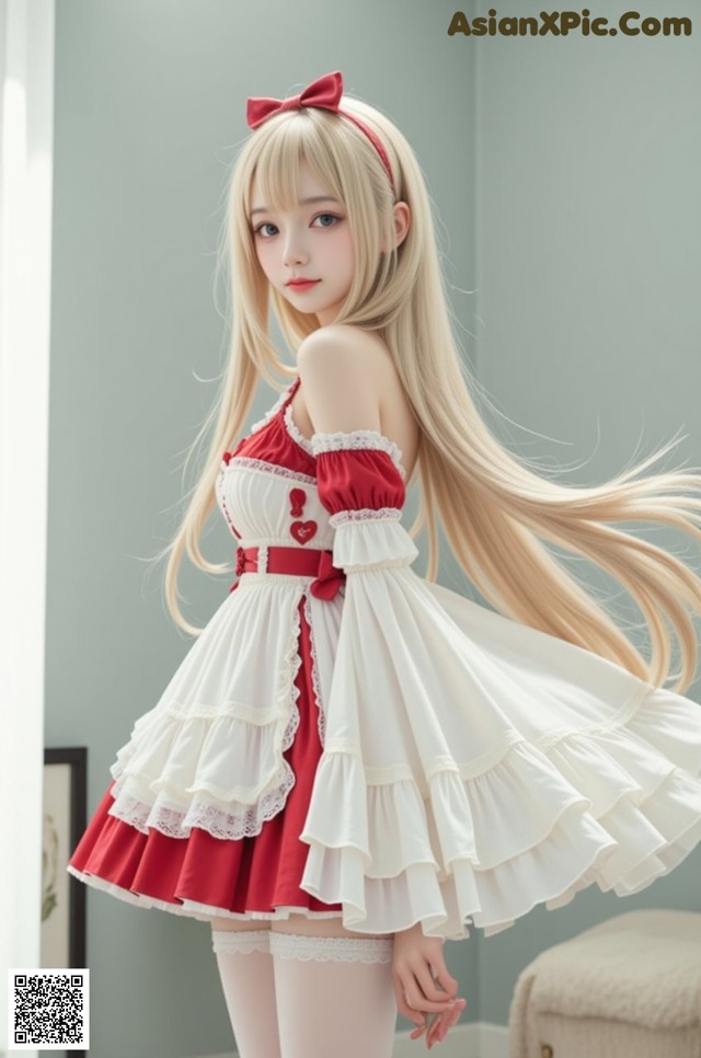 a woman in a red and white dress posing for a picture