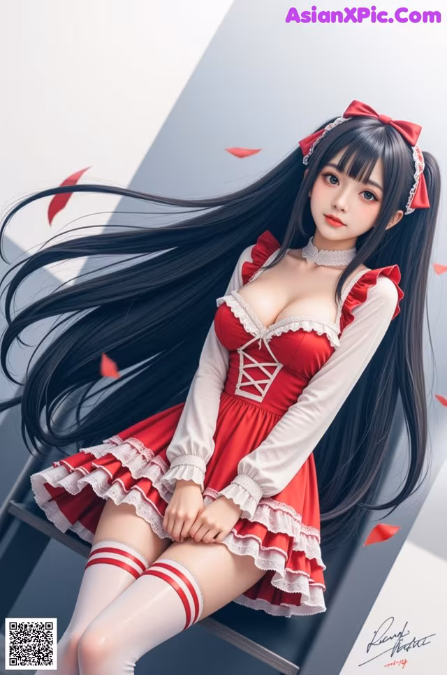 A woman in a red and white dress sitting on a chair.