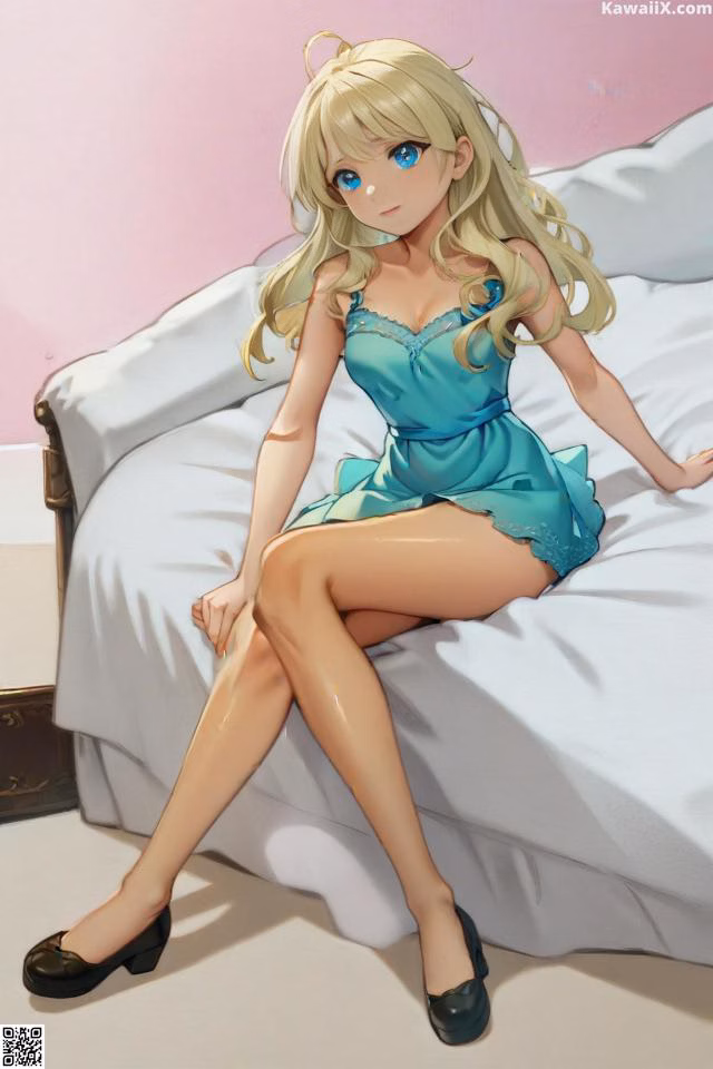 A woman in a blue dress sitting on a bed.
